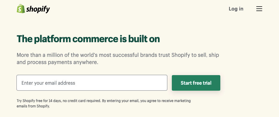Página de inicio del sitio web de Shopify