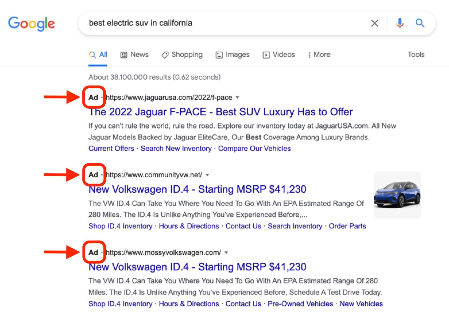 Ejemplo de un anuncio de búsqueda: SUV eléctrico en California