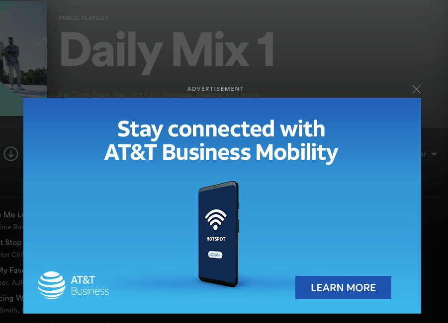 Mostrar un anuncio de AT&T en el escritorio de Spotify