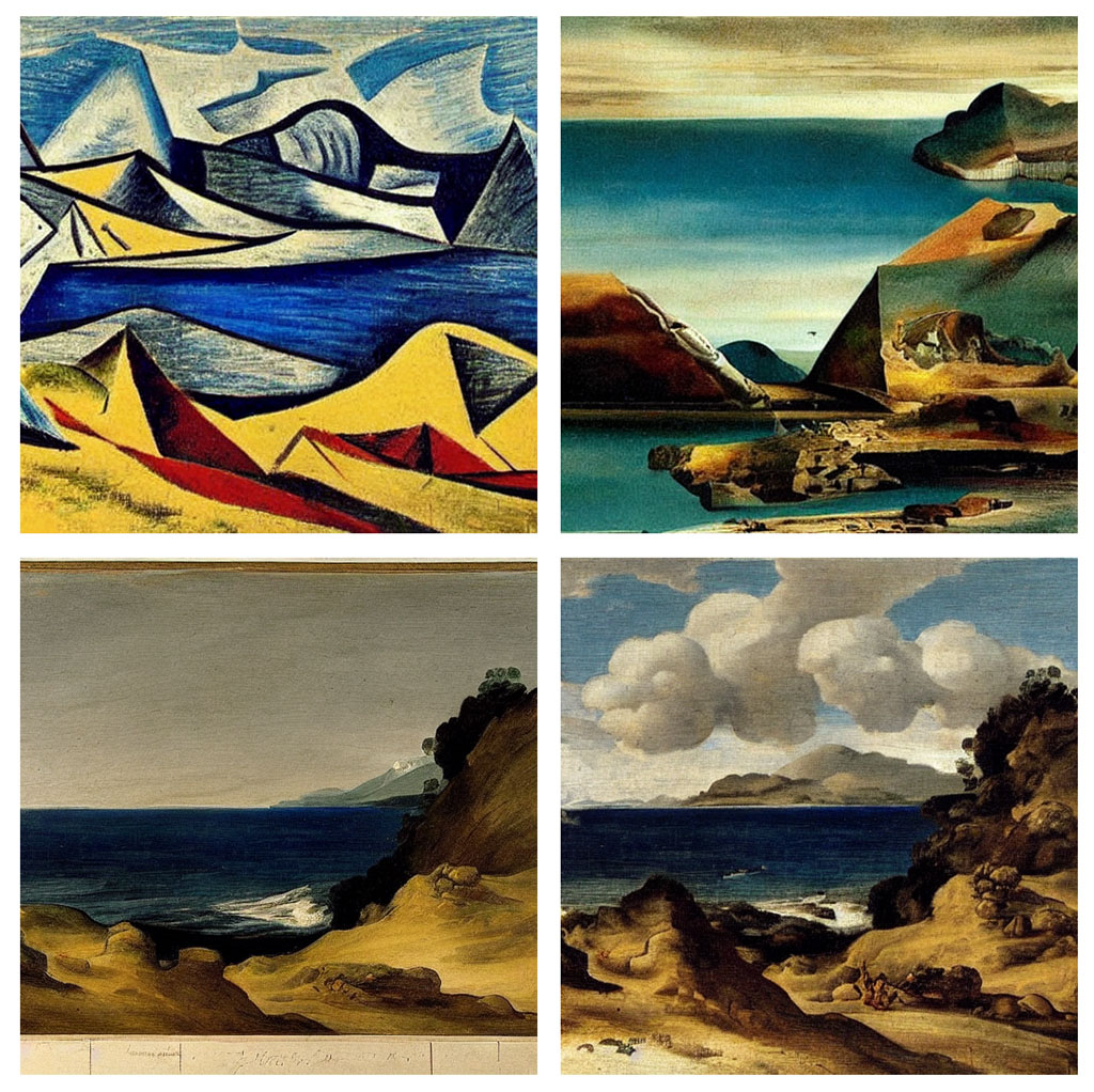 Mar y montaña interpretados por Stable Diffusion AI - PIcasso, Dali, Goya, Velasquez
