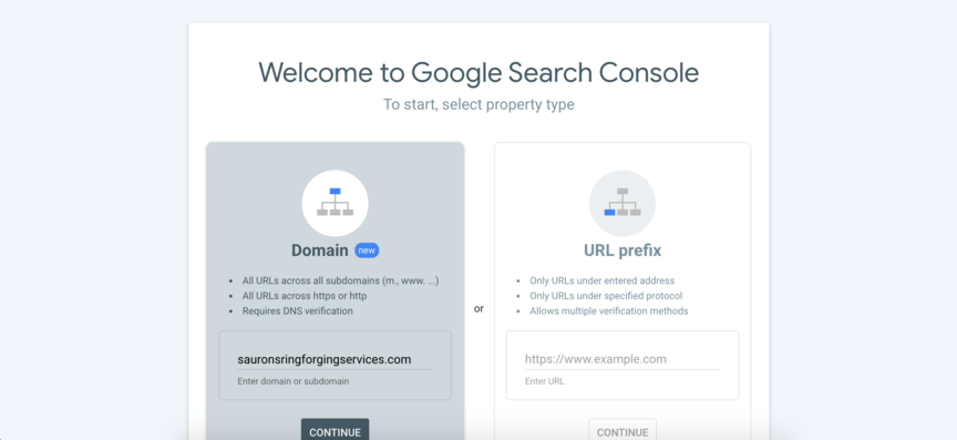 Pantalla de configuración de propiedades en Google Search Console