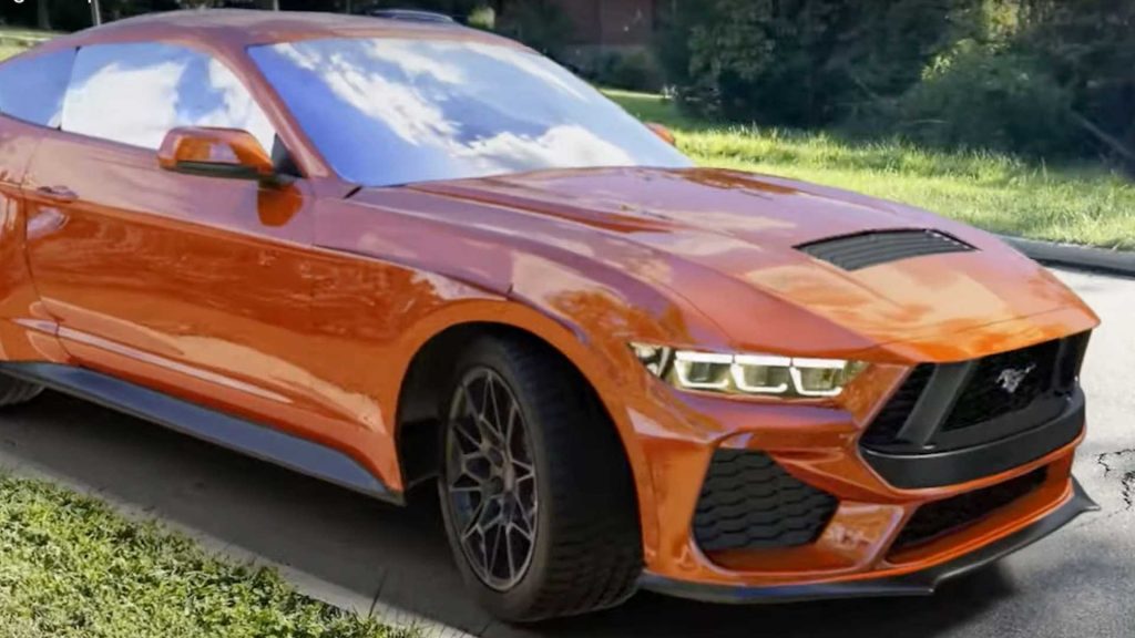 El renderizado 3D del Ford Mustang 2024 muestra el modelo de próxima generación estacionado al costado de la carretera