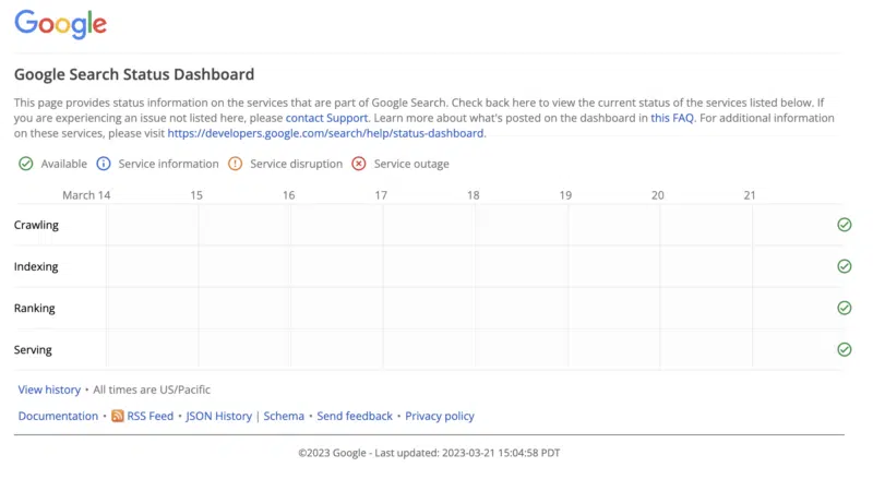Panel de estado de búsqueda de Google para obtener el historial de actualización de clasificación